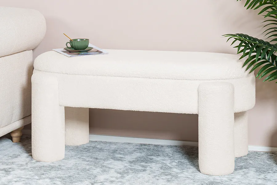 PINPLUS Boucle Storage Ottoman Bench White (2)