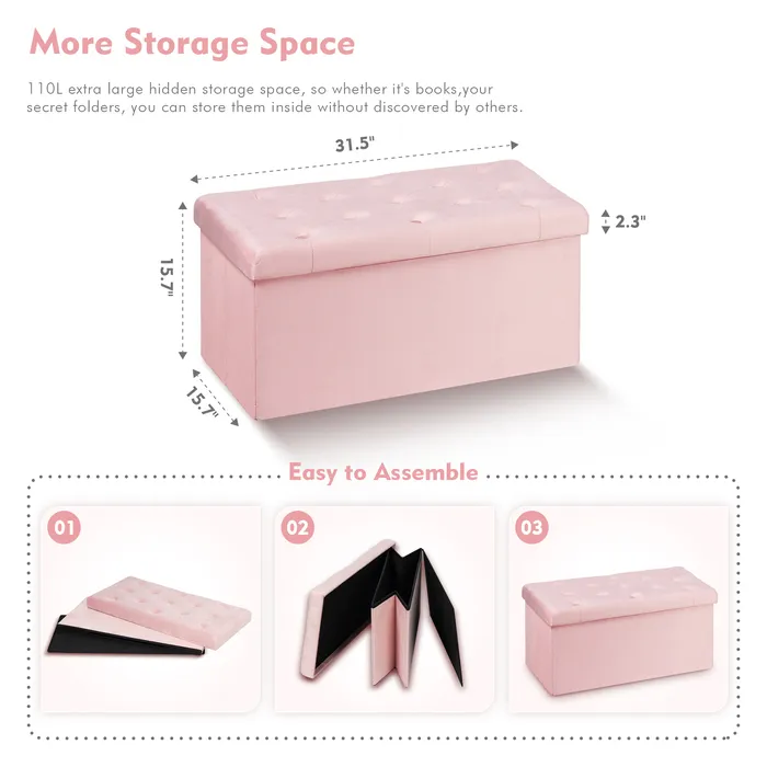 Velvet Storage Ottoman Bench Pink 1