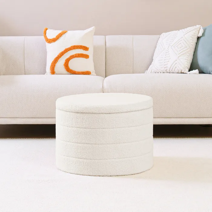 Wide Round Storage Ottoman White (1)